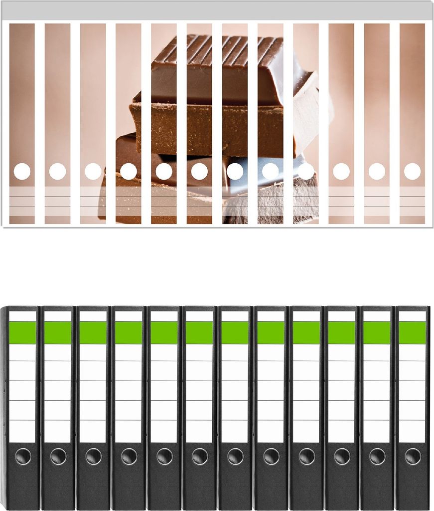 Wallario 12 Stück schmale Ordner inkl. Klebeetiketten mit Motive Schokoladenstückchen - Set mit Rückenschildern / Ordnerrücken Stickern