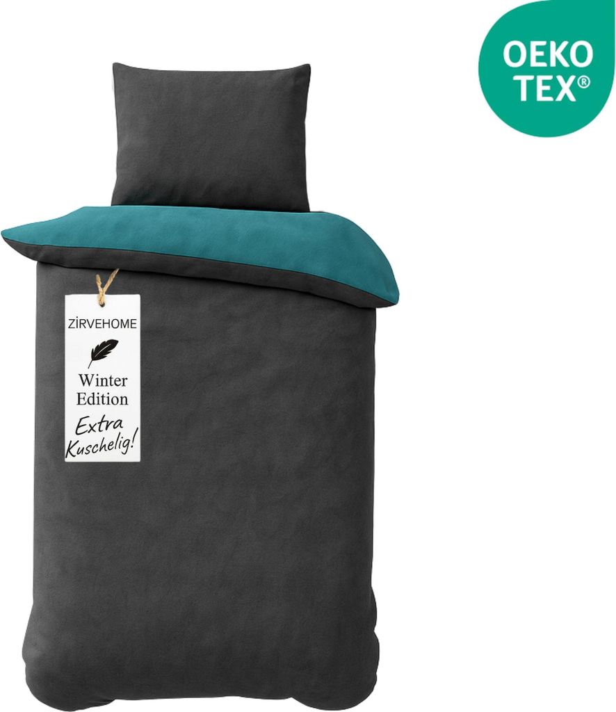 Winter Bettwäsche 155x220 cm. 2 teilig Cashmere Touch Fleece Kuschelig, Warm Wendebettwäsche Anthrazit-Petrol