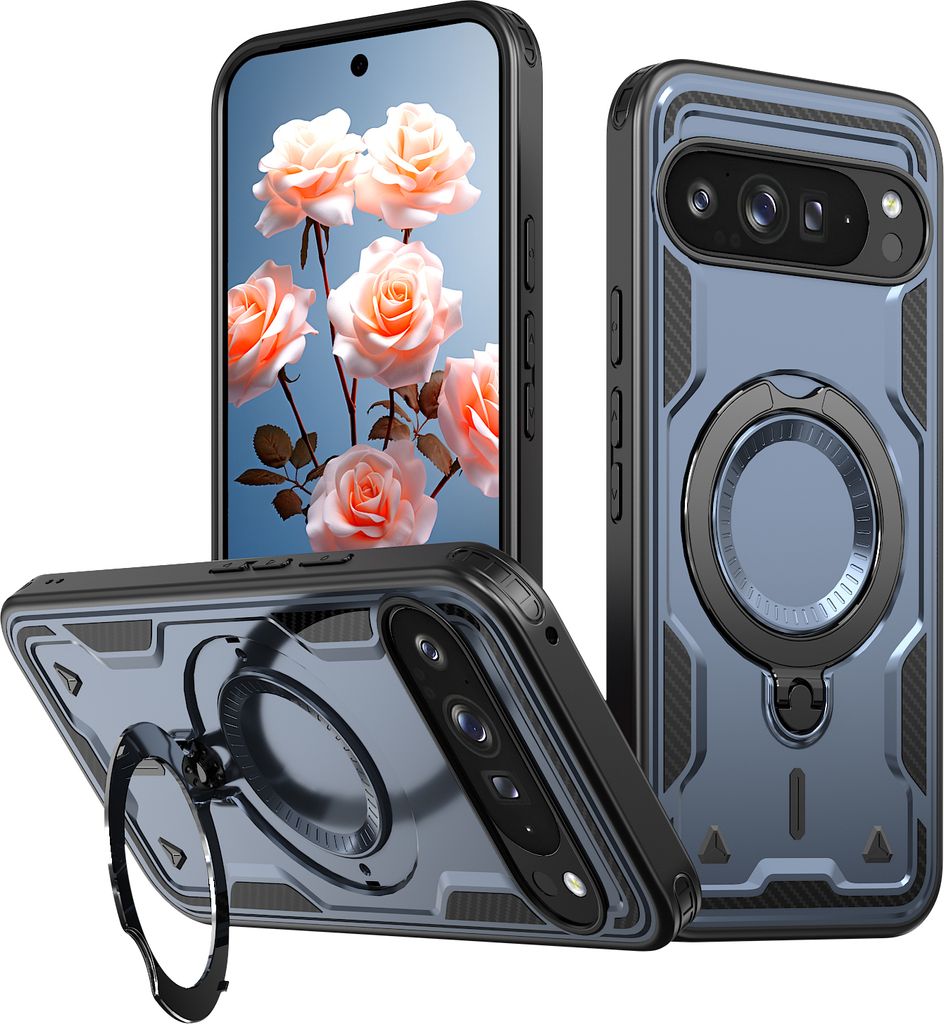 Dual Layer Hülle für Google Pixel 10 Pro XL Metall Ring Ständer Magnetisch Stoßfest Militär Handyhülle Blau