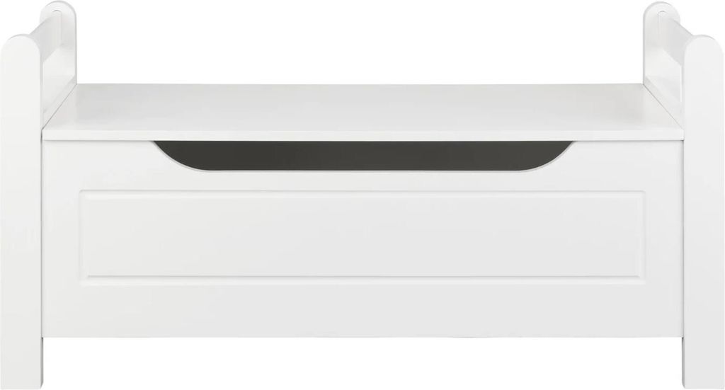 A white storage bench is shown from the front against a white background.