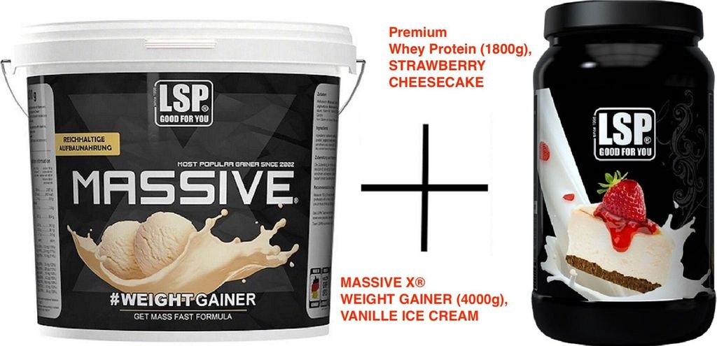 LSP MASSIVE X Weight Gainer + Premium Whey Protein Strawberry, PULVER