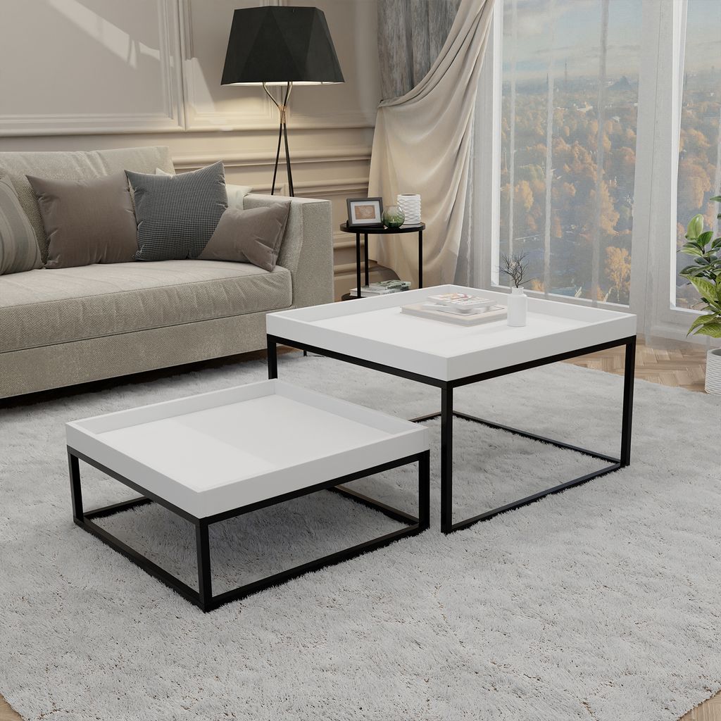 Moderner Couchtisch LABO 2in1 Tisch 2er Set Wohnzimmertisch Metallrahmen Stapelbar Schwarz / Weiß