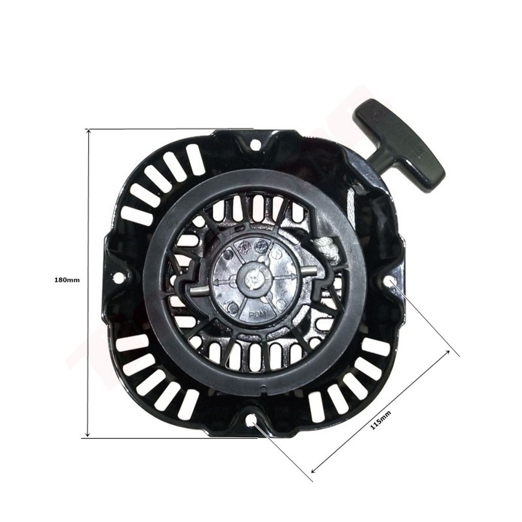 A black starter assembly for an engine, with dimensions indicated by lines and text.