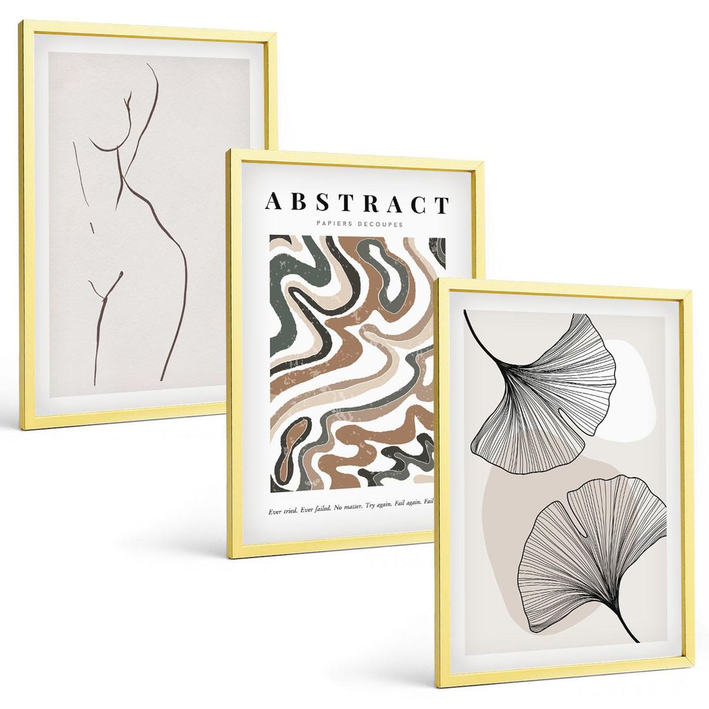 Bilder Set 3-teilig im Goldrahmen Rahmen – Wandbilder 3 Stück – gerahmte Poster für Wohnzimmer, Schlafzimmer und Flur – 40x60 cm – Abstra...