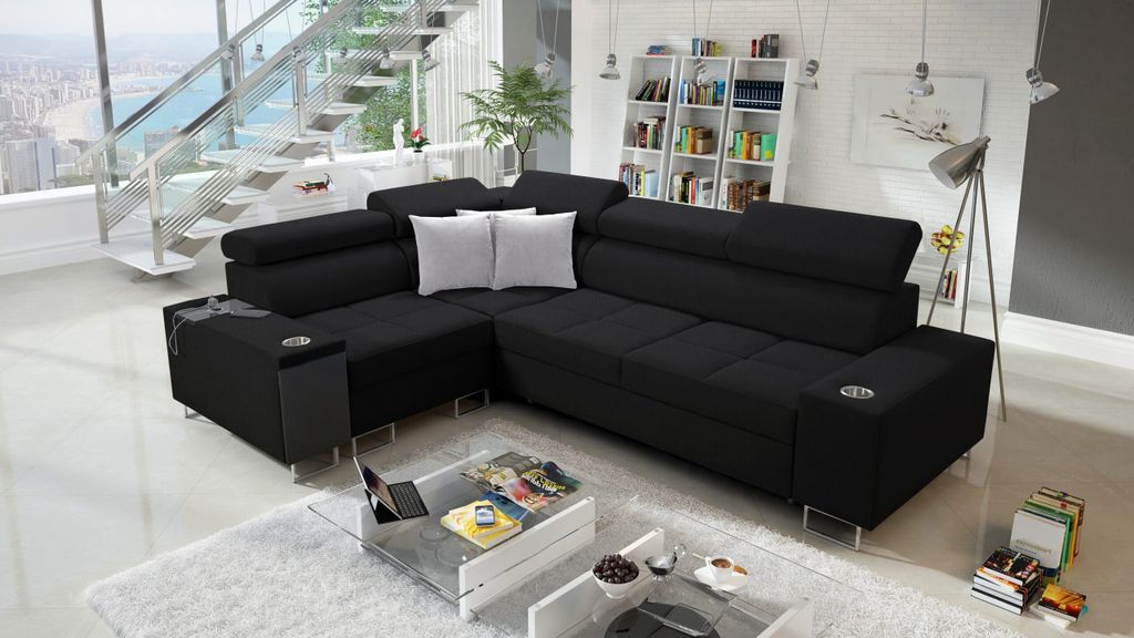 Kaiser Möbel Elegantes Ecksofa mit Konsole und Ladegerät MORENA II Sawana Schwarz Links
