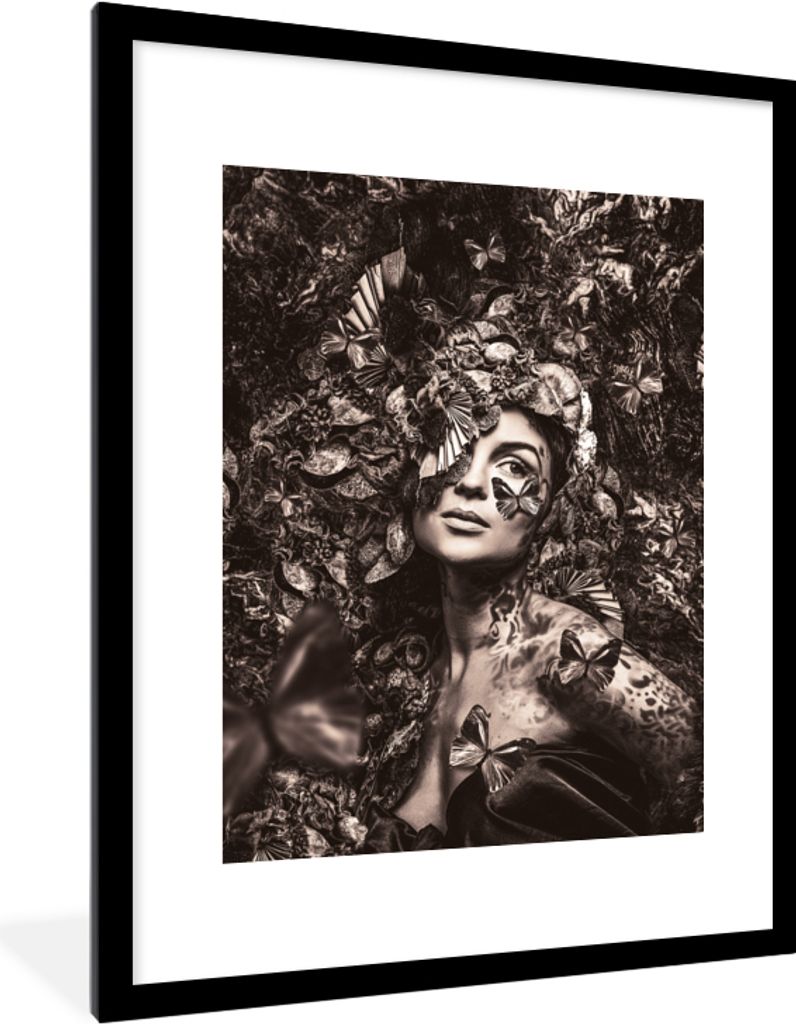 MuchoWow Gerahmtes Poster Frau - Pflanzen - Schmetterling 60x80 cm - Poster mit Schwarzem Bilderrahmen Wandposter Rahmen Foto Bilder - Wohnzimmer...