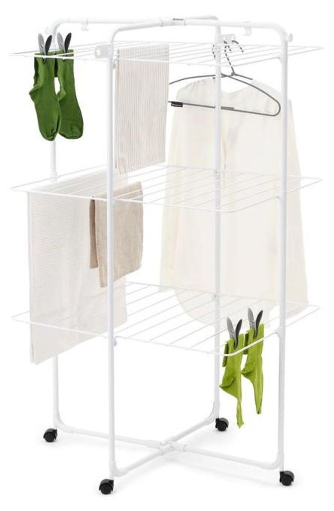 Brabantia HangOn Tower Drying Rack, 23 m (weiß), Turmwäscheständer klappbar, platzsparender Standtrockner mit Rollen und Aufhängehaken