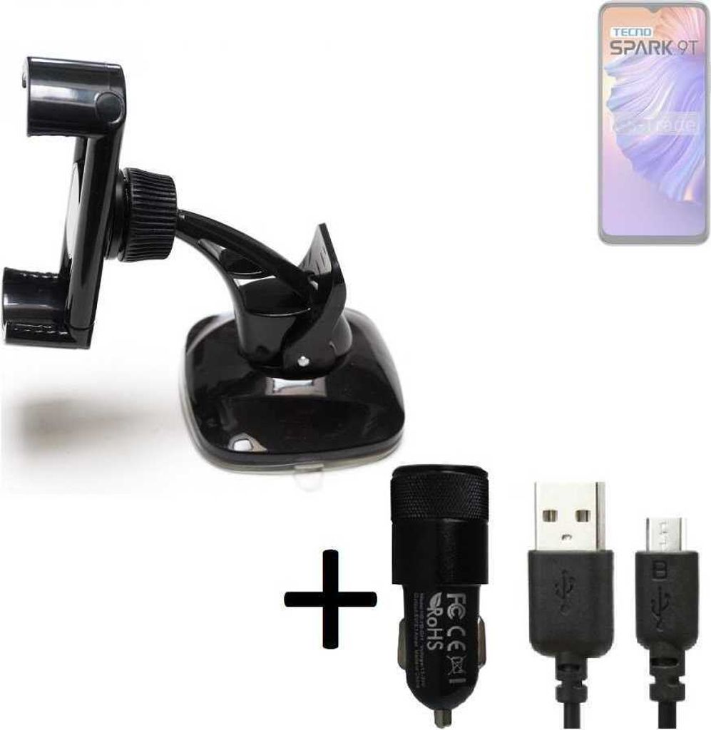 K-S-Trade Halterung kompatibel mit Tecno Spark 9T Windschutzscheibe / Armaturenbrett + LADEGERÄT mit Mico USB Kabel Autohalterung KFZ Halter