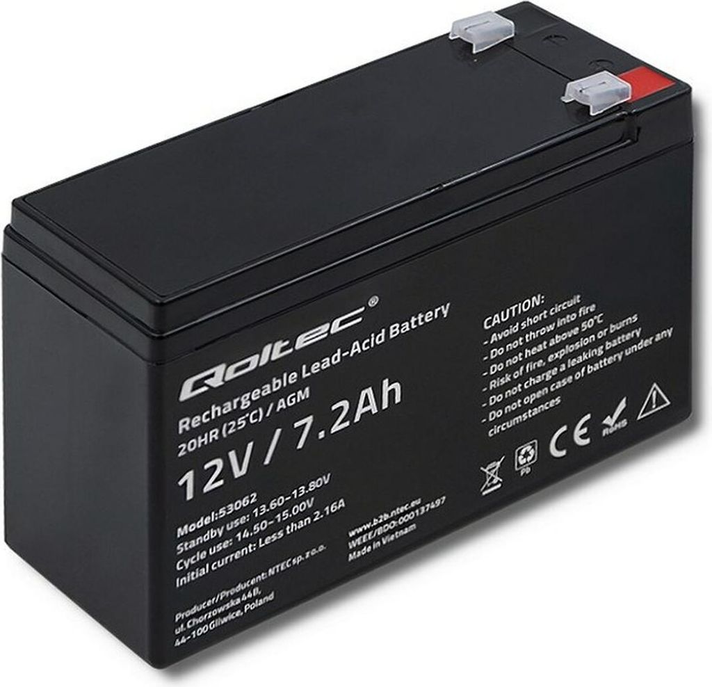 Baterie Qoltec 53062 AGM | 12V | 7,2 Ah | max 108A Obrázek produktu 