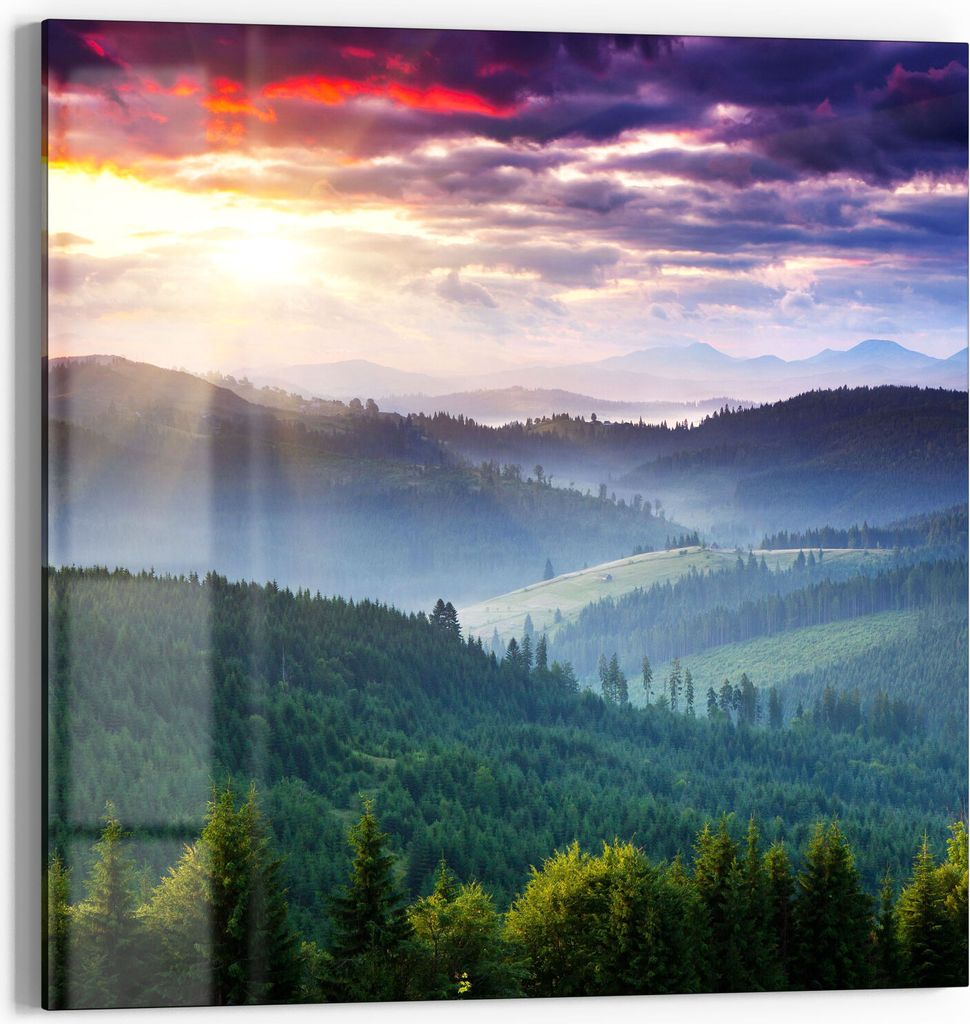 DEQORI Glasbild Echtglas 50x50 cm 'Bewaldete Hügel' Wandbild Bild modern Deko