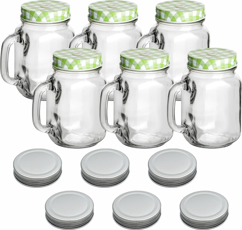 gouveo 6er Set Trinkgläser 450 ml mit Deckel grün, silberfarben - Trinkglas mit Henkel und Drehverschluss - Henkelgläser mit Deckel