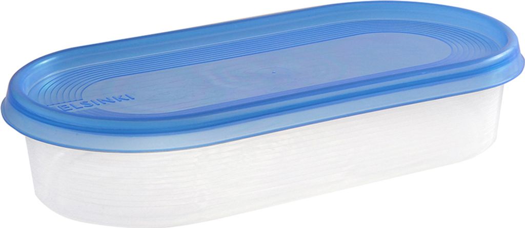 A clear, studio shot of an oval plastic food storage container with a blue lid, set against a white background.