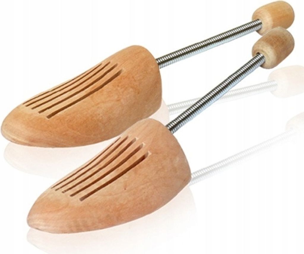Two wooden shoe trees with metal springs are shown against a white background.