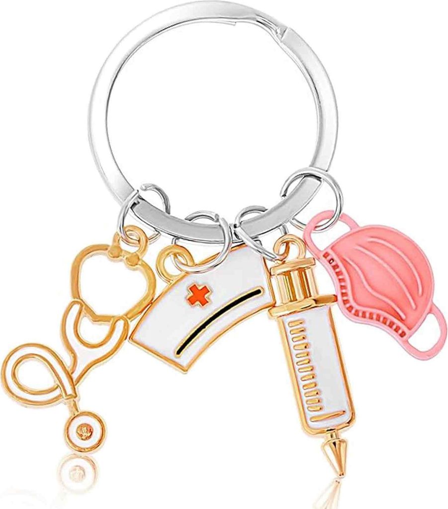 Krankenschwester Schlüsselanhänger, Edelstahl Metall Neuheit Keychain mit Spritze, Krankenschwester Kappe und Stethoskop Anhänger für Arzt Kran...