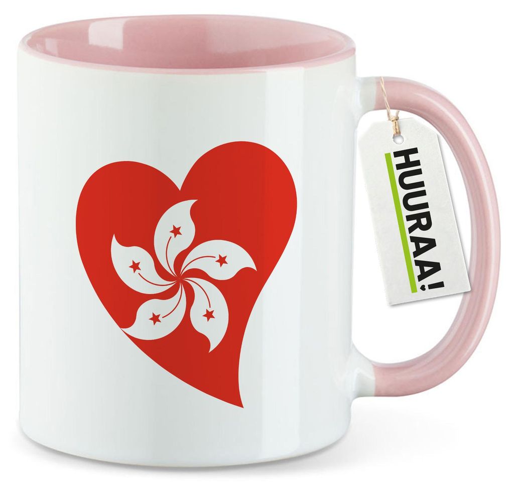Huuraa Kaffeetasse Hongkong Flagge Herz 330ml Rosa Keramik Kaffeebecher Geschenkidee