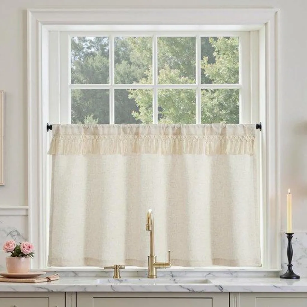 Rideau en lin beige 125x60 cm style cottage - Voilage naturel tamisant