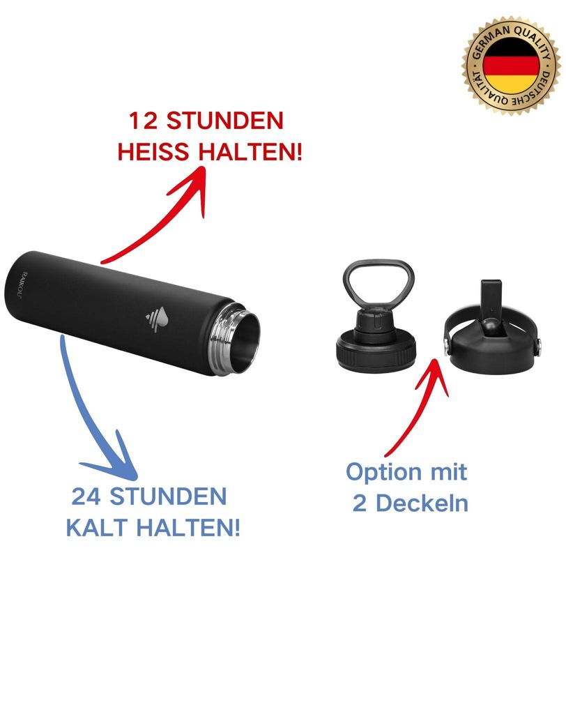 RAIKOU Trinkflasche 1180ml Wasserflasche Thermoflasche mit 2 Deckel Schwarz