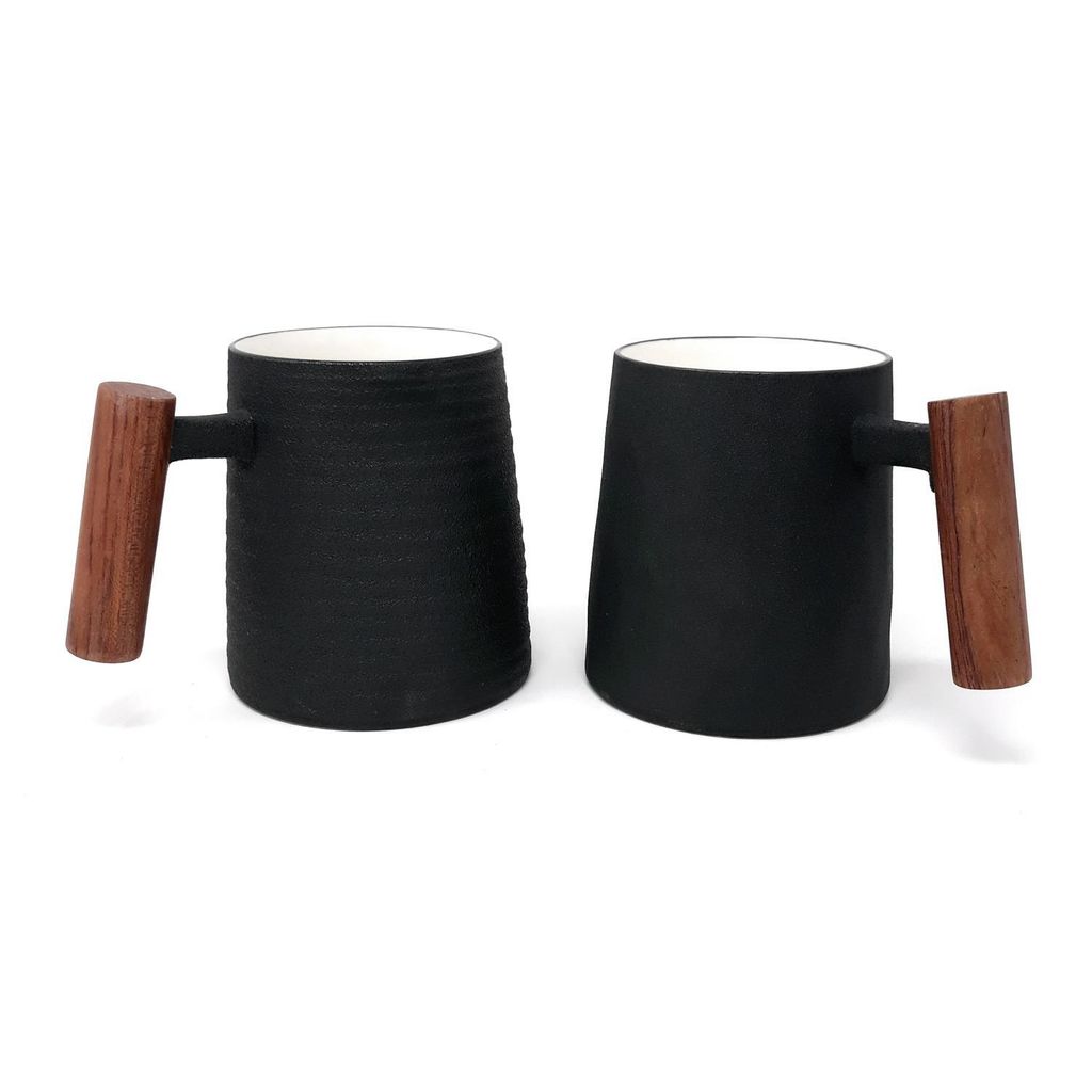 2er Set Becher Negra für 320ml schwarz Porzellan mit Rosenholzgriff TeaLogic
