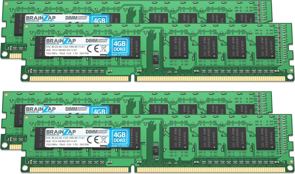 BRAINZAP 16GB (4x 4GB) DDR3 RAM DIMM PC3-10600U-09-11-A1 1Rx8 1333 MHz 1.5V CL9 Computer PC Arbeitsspeicher