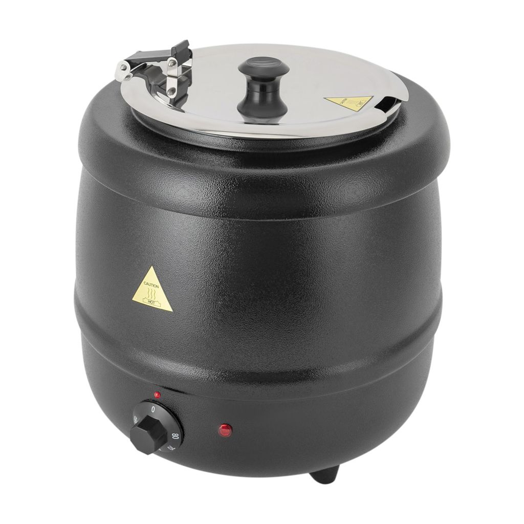 A black electric soup kettle with a silver lid is shown against a white background.