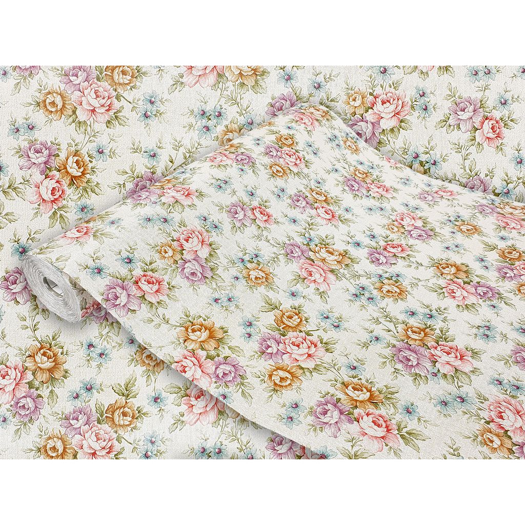 A roll of floral patterned wallpaper is shown.