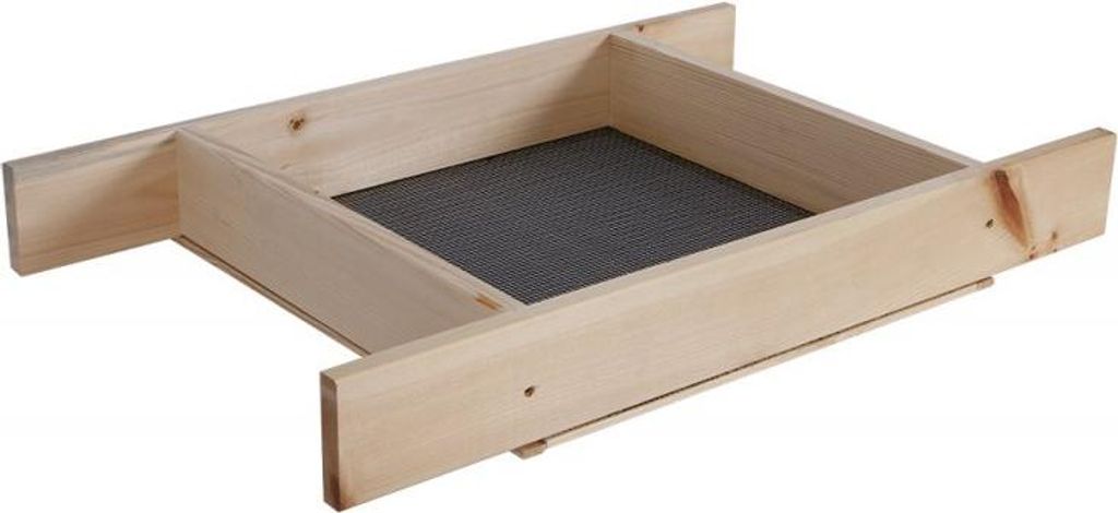 A wooden sieve with a mesh bottom, presented against a white background.