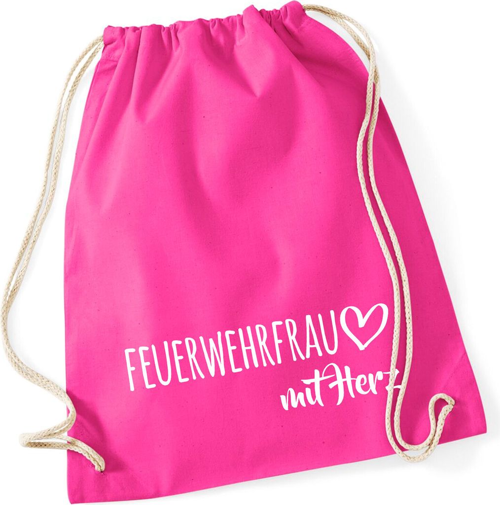 Huuraa Turnbeutel Feuerwehrfrau mit Herz 12 Liter Fuchsia Baumwolle Rucksack Geschenkidee