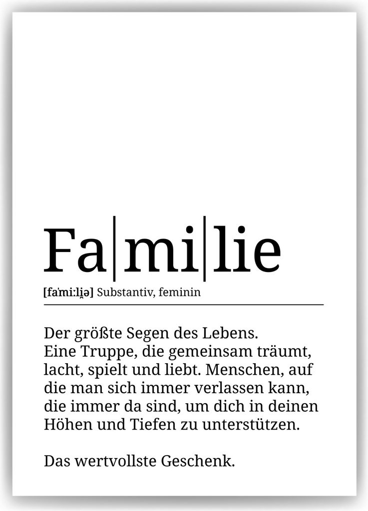 Familie Poster Definition - Familien Wandbild Wohnzimmer Küche Esszimmer Schlafzimmer Wanddeko – A4 (21x29.7cm) / ohne Bilderahmen
