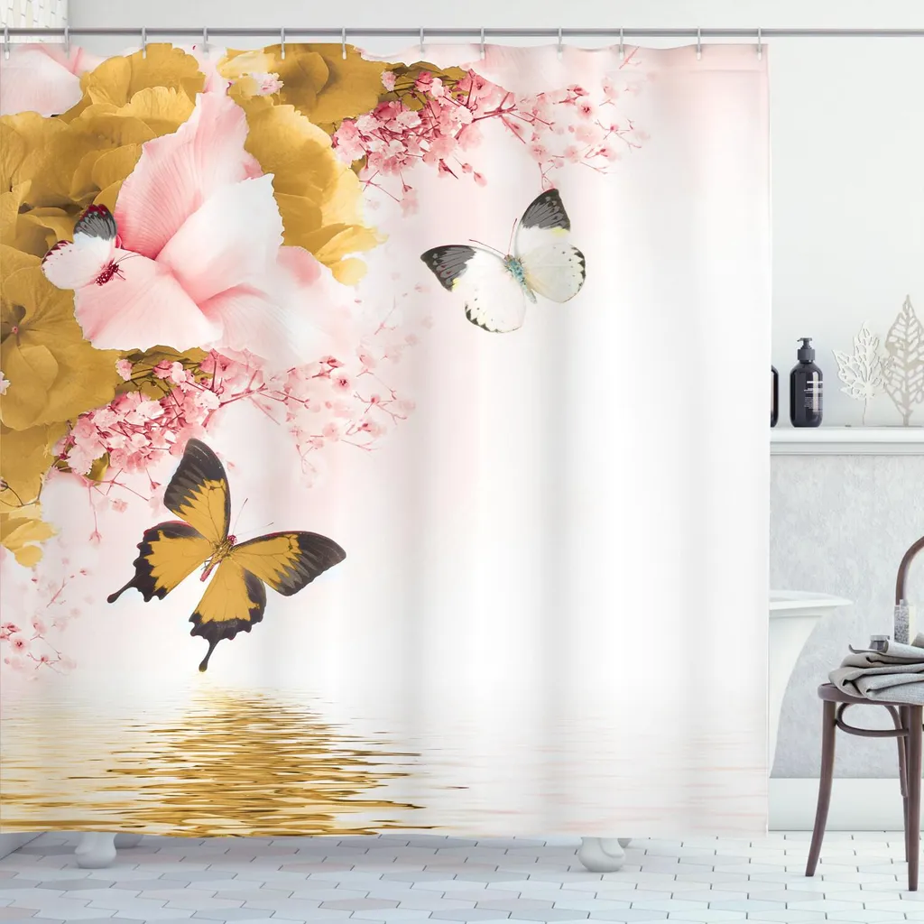 ABAKUHAUS Tenda da doccia con motivi floreali, tema naturale Fiori selvatici Farfalle monarca che volano Giglio sul lago Terapia termale, 175 x 180 cm, senape rosa cipria