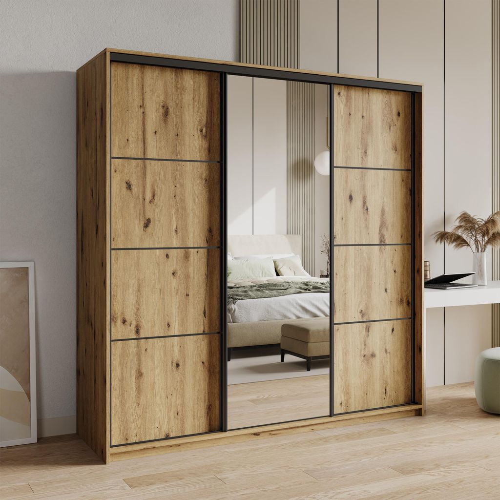 Masseno Schiebetürenschrank VARO 180/205/60 cm Kleiderschrank mit 4 Schubladen Schlafzimmer Schrank 3-türig mit Spiegel Eiche Artisan