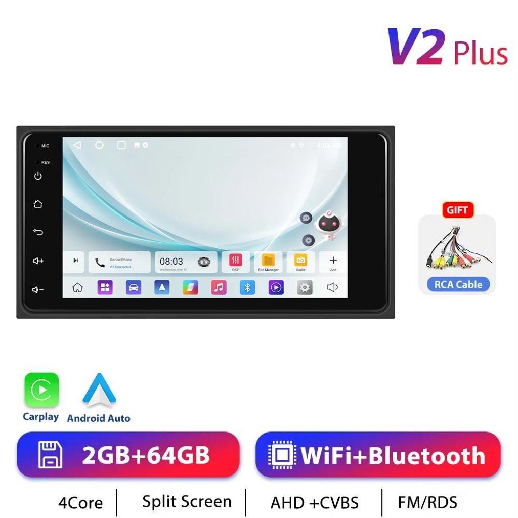 Autoradio - Android 13 2-DIN 17,8 cm Touchscreen - CarPlay - 2+64 GB - GPS Navigation - RDS - Für Toyota Echo - 2x USB