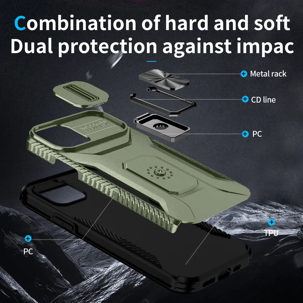 Custodia iPhone 12 / 12 Pro Verde Militare con Ring Stand e Slider - 3