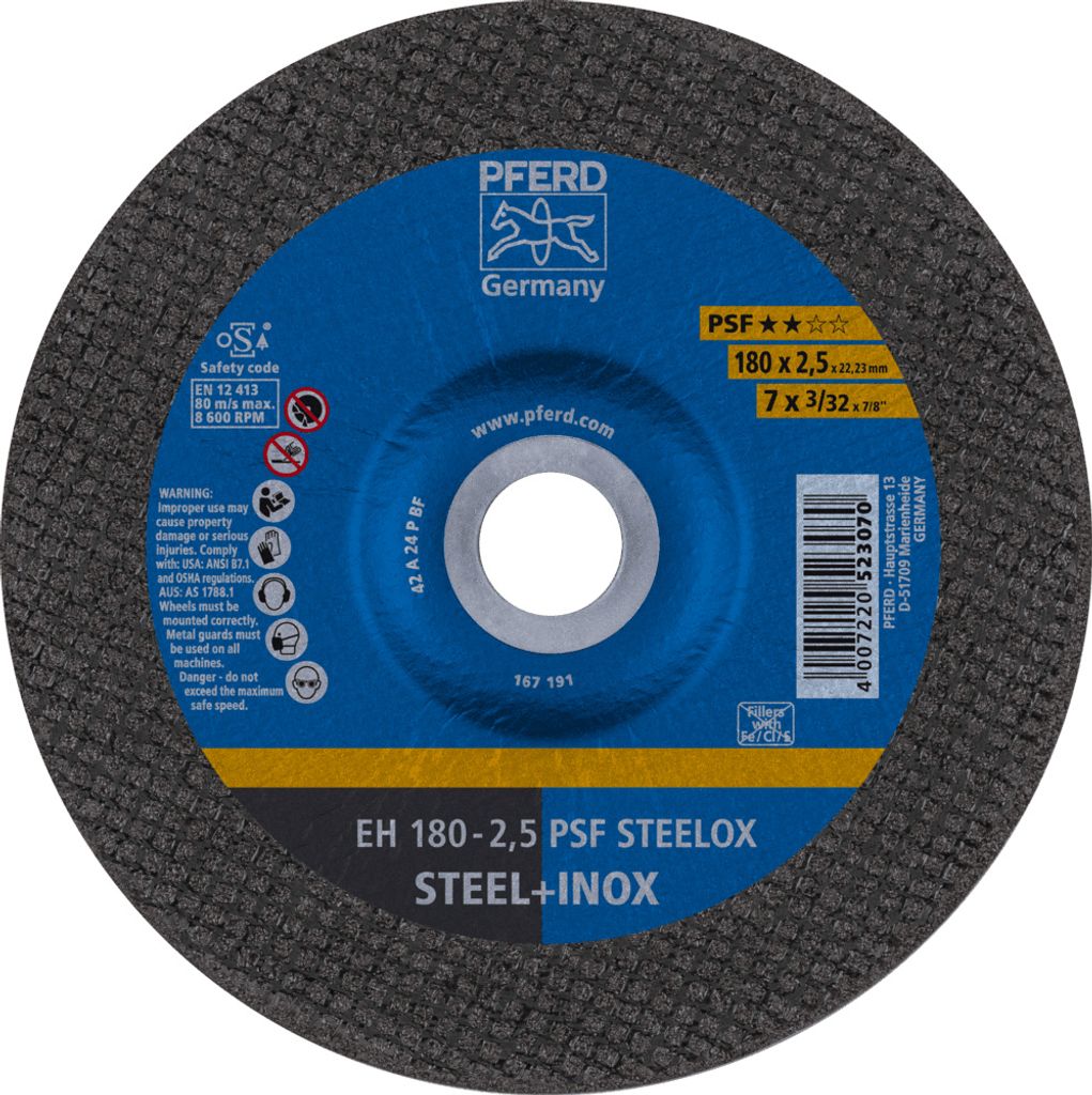 PFERD TOOLS Trennscheibe EH 180x2,5x22,23 mm gekröpft Universallinie PSF STEELOX für Stahl/Edelstahl
