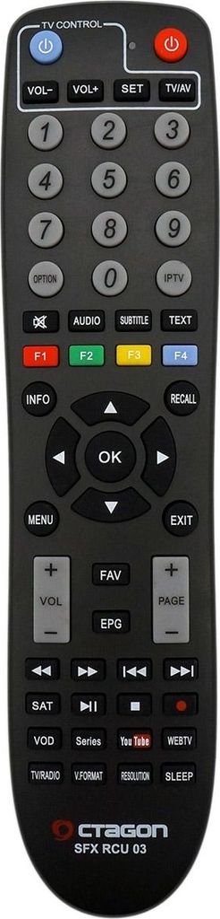 A black remote control with various buttons and labels.