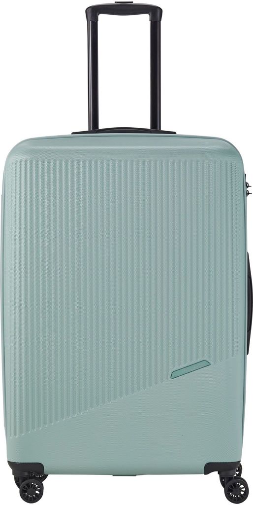 A mint green suitcase with a retractable handle and wheels.
