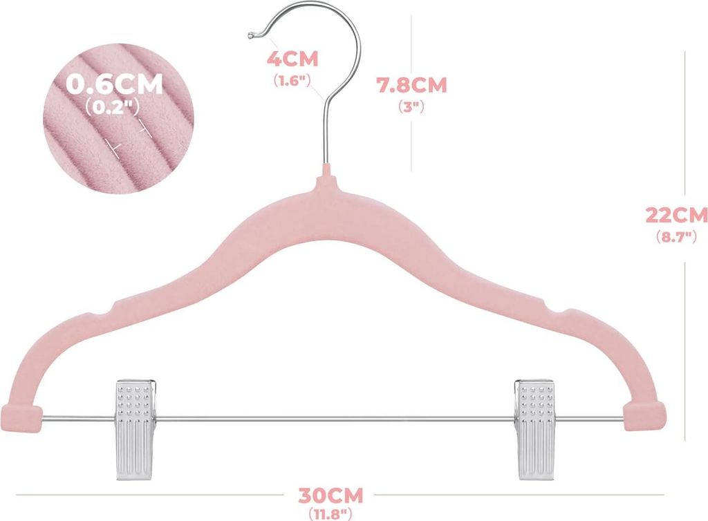 Kleiderbügel mit beweglichen Clips Set von 16 Baby Samt Bügel Anti-Rutsch Kinderkleiderbügel 0,5 cm dick Ultra-Dünn Platzsparend für Hosen Rö...