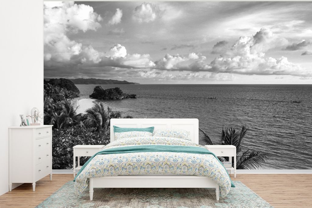 MuchoWow Fototapete für Wohnzimmer oder Schlafzimmer Wandtapete Vinyl Motivtapete Palmen - Strand - Philippinen - Schwarz - Weiß - 375x280 cm -...