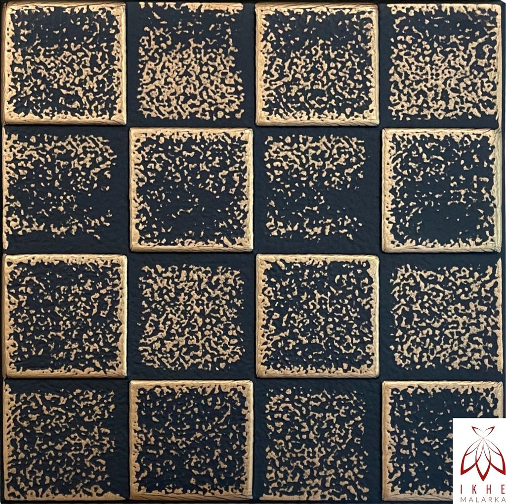 A close-up, repeating pattern of dark squares with textured gold borders, resembling tiles or wall panels.