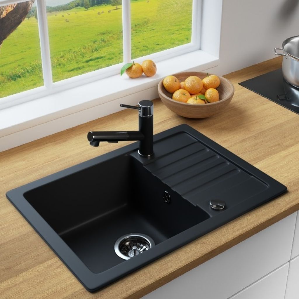 MIT ARMATUR - Rein Schwarz LINDBERGH Granit Spüle "SIM44" + "1-Nero" Einbauspüle Küchenspüle Spülbecken