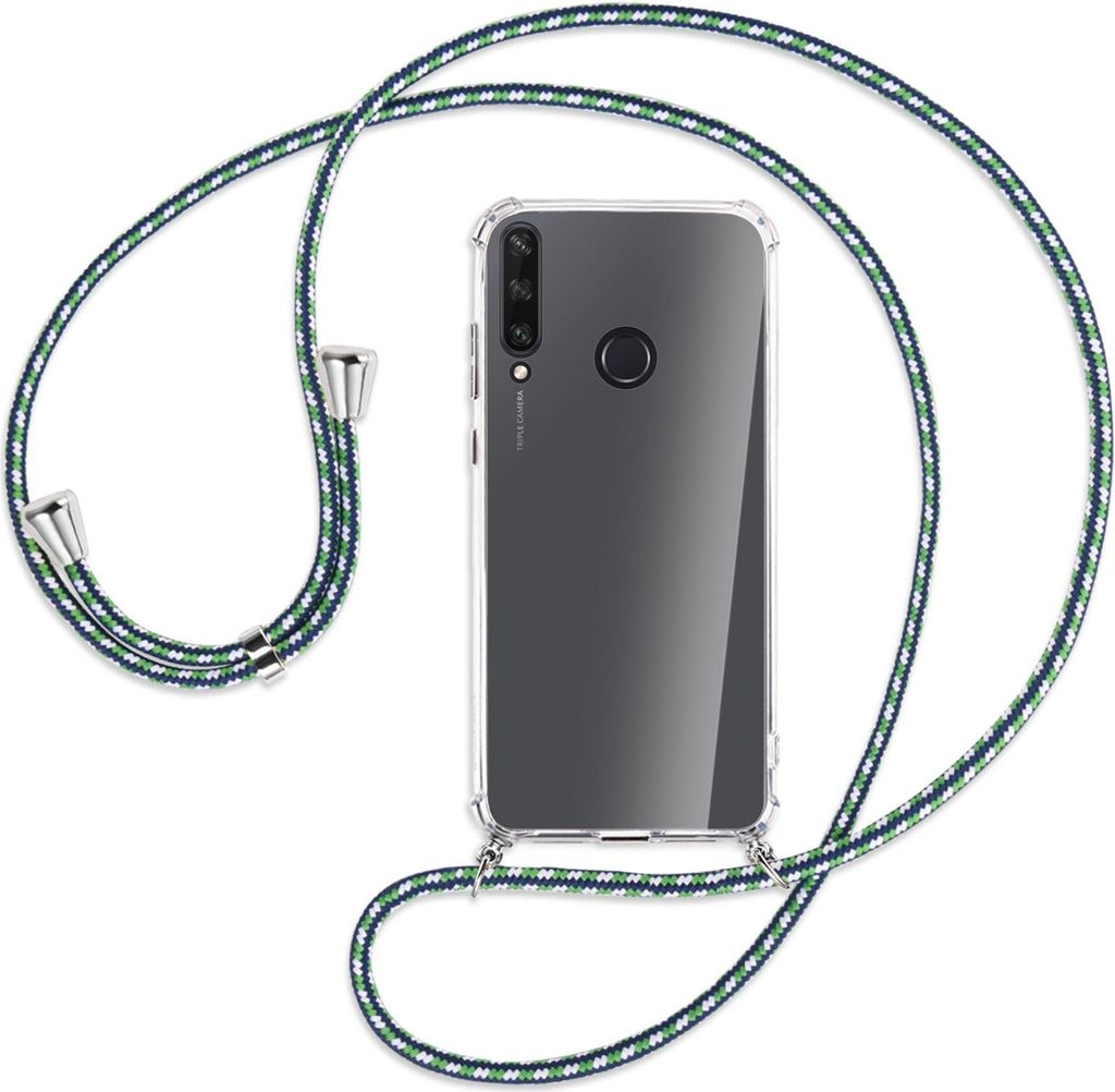 Handykette Backcover-Schutzhülle mit Band (Metall silberfarben) für Huawei Y6p - grün/blau/weiß