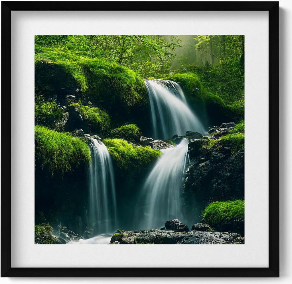 Wasserfälle in der Mitte eines Waldes– Wandbild mit Rahmen – Gerahmtes Bild – Wanddekoration – 50x50 cm – Schwarz Rahmen