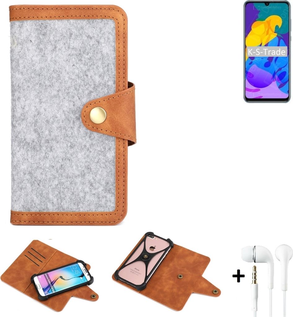 K-S-Trade Handyhülle + Kopfhörer kompatibel mit Huawei Honor Play 4T Pro Schutzhülle Filz Hülle Kunstleder hellgrau braun (1x)