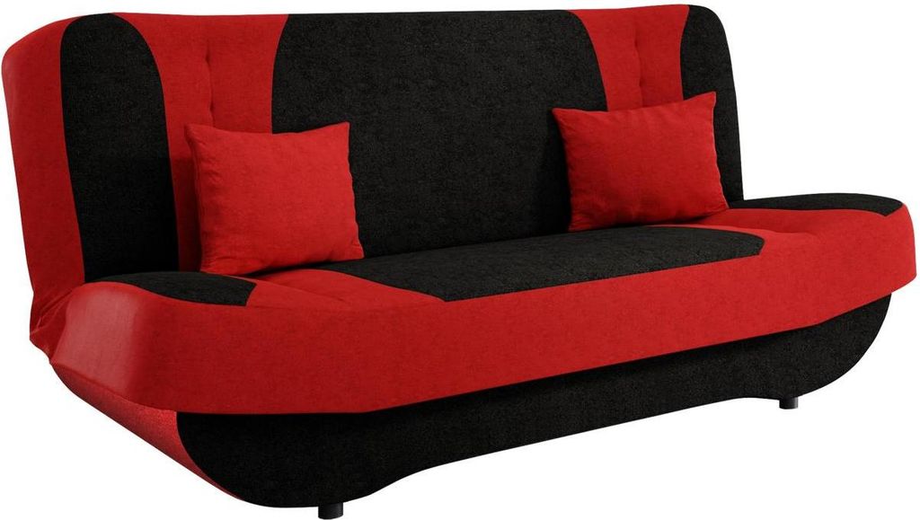 A red and black sofa with two red pillows.