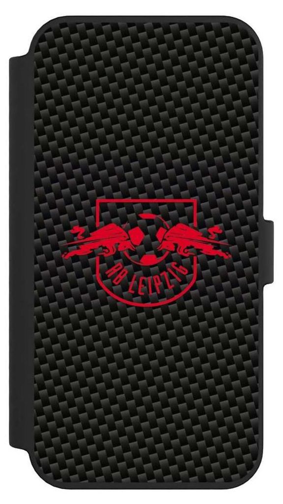 NIVOCASE Klapphülle für Apple iPhone 14 Pro Max Handyhülle aus Kunst Leder NIVOflip schwarz Carbon Offizielles Lizenzprodukt RB Leipzig