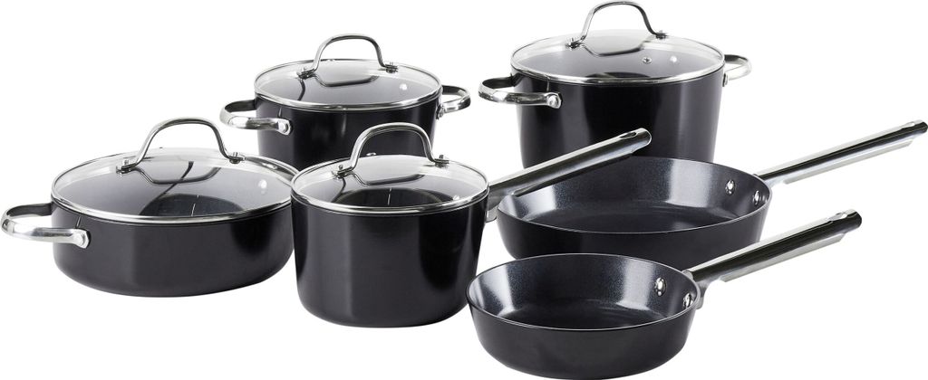 BELIANI 10-teiliges Pfannenset Schwarz Aluminium Keramikbeschichtung Antihaft 3 Stieltöpfe mit Deckel 2 Bratpfannen