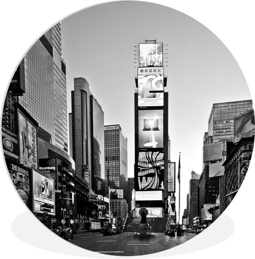 MuchoWow Rundes Wandbild - Runde Bilder Quadratischer schwarz-weißer Times Square mit Werbetafeln Ø 30 cm Kreis Wanddekoration Kunststoff - Wan...