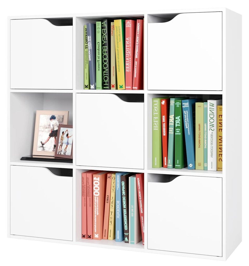 Bücherregal - 9-Fächer Würfelregal - Holzregal mit 5 Türen - Wohnzimmer Aufbewahrung - 90x29x90 cm - Weiß