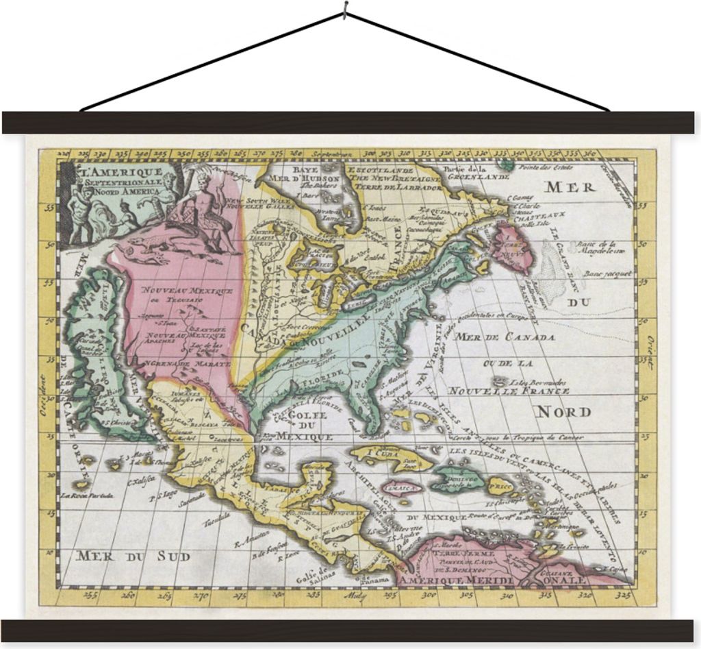 MuchoWow Textilposter Karte - Retro - Amerika 40x30 cm mit schwarzem Rahmen - Dekorationen