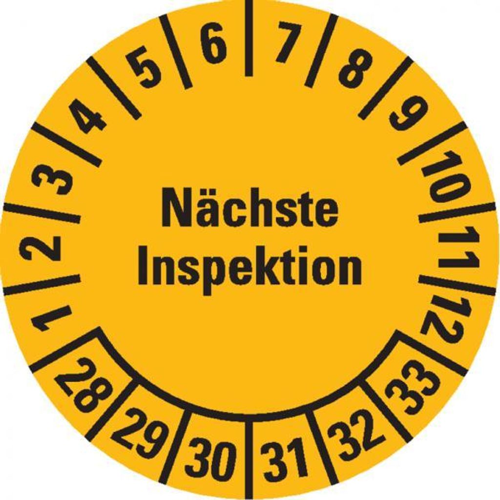 Dreifke Prüfplakette Nächste Inspektion 28-33, gelb, Dokumentenfolie, Ø 20mm...