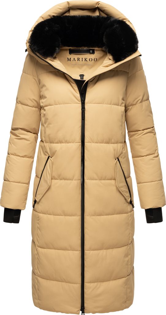 Marikoo Damen Winter Steppjacke Stepp Jacke lang warm Mantel Parker Kapuze mit abnehmbarer Kunstfellkragen Zuraraa XVI Sand Gr: 42 - XL